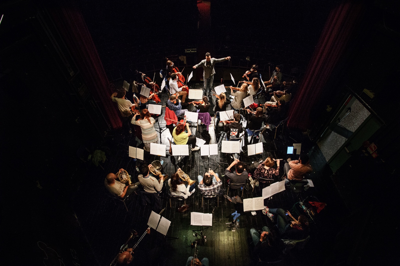 Teatro Oscar, Milano, Italy, 2021 - Panoramica della nuova "Orchestra Notturna Clandestina" di Milano durante le prove.